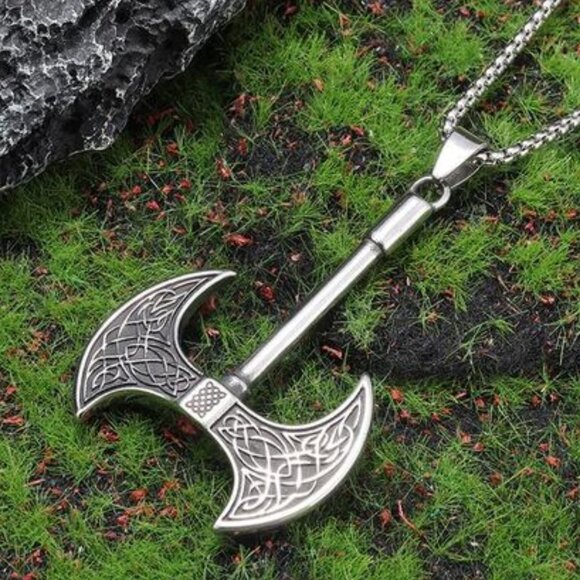 Double Sided Viking Norse Axe Necklace Stainless Steel - Picture 7 of 11
